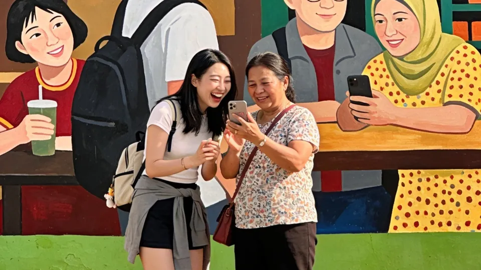 Friends laughing in front of a colourful mural on Haji Lane