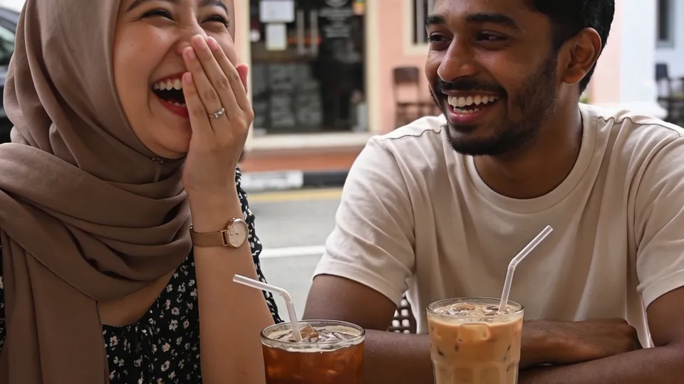 Two friends laughing over iced drinks at a café table