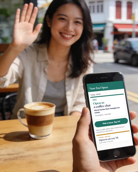 A phone showing an open card while the person who said I'm in waves hello across the café table