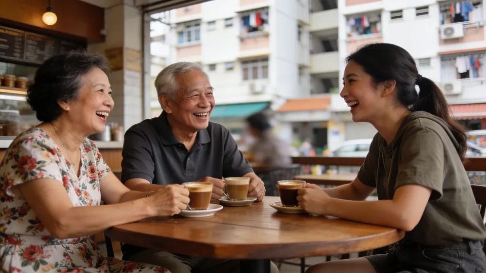 Two retirees and a younger woman laughing over kopi at a neighbourhood coffee shop at the foot of public housing blocks in Singapore