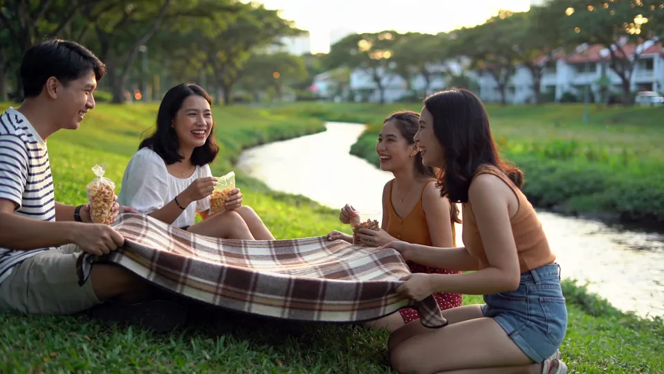 Friends having a picnic on the grass beside a gently winding naturalised river in a large neighbourhood park in Singapore, late afternoon