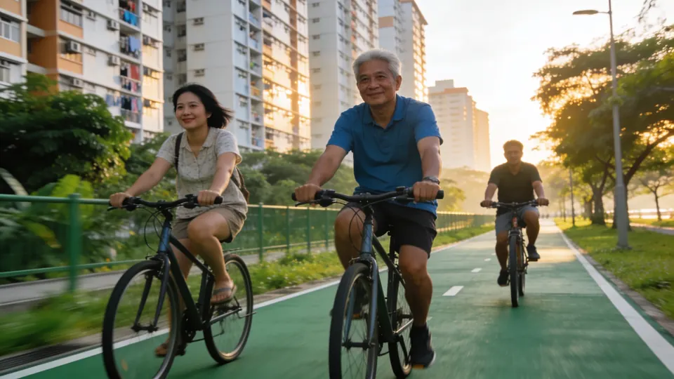 Neighbours cycling together along a green park connector path next to tall public housing blocks in Singapore, early morning