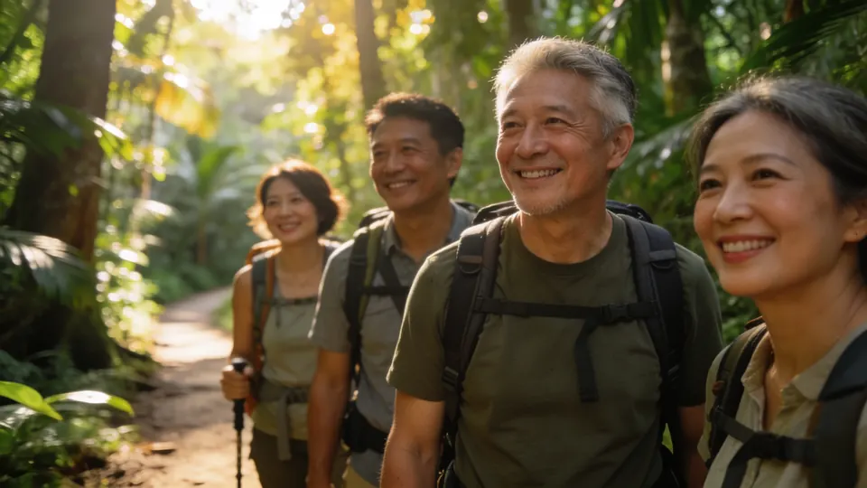 A small group of hikers in their forties and fifties smiling on a forest trail in tropical rainforest in Singapore, morning light through the trees