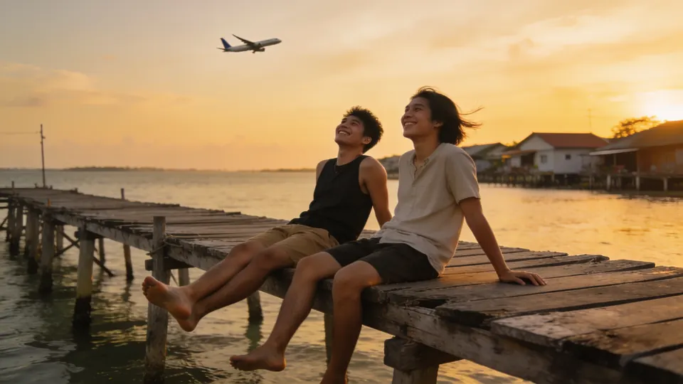 Two friends sitting on a wooden jetty at a quiet seaside village in eastern Singapore, a plane high in the sunset sky