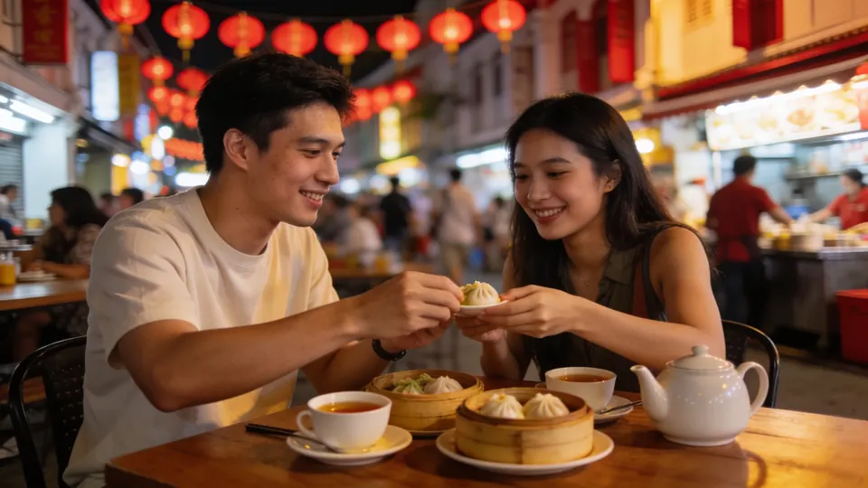 Two new friends sharing dim sum and tea at a busy open-air food street in Singapore's Chinatown, red lanterns blurred overhead, evening