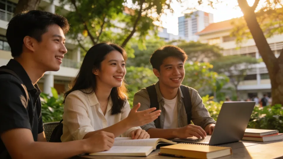 University students studying and chatting together at an outdoor table in a leafy campus courtyard in Singapore, afternoon