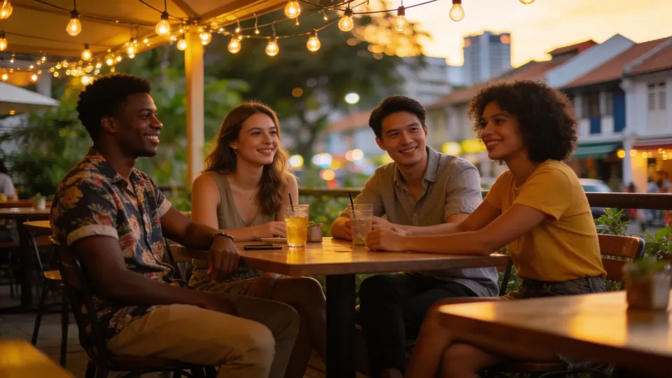 Friends of different backgrounds at an alfresco café table in a relaxed neighbourhood of Singapore, string lights overhead, evening