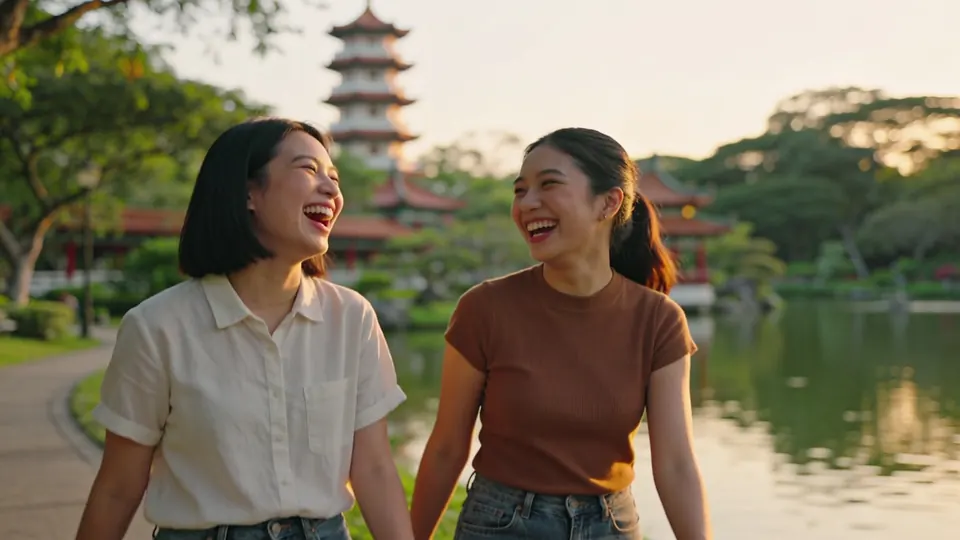 Two friends laughing as they walk along a lake path in a Chinese-style garden in western Singapore, a pagoda softly blurred in the distance