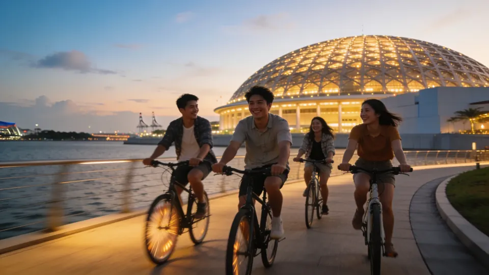 A group of friends cycling along a waterfront path near a large domed stadium in Singapore at dusk