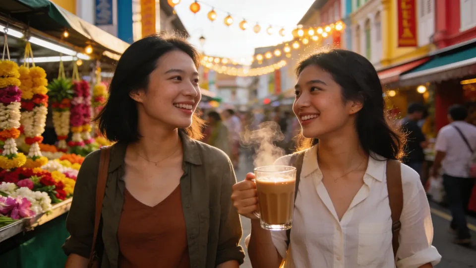 Two friends exploring a colourful street with fresh flower garland stalls in Little India, Singapore, one holding a glass of teh tarik, festive lights overhead