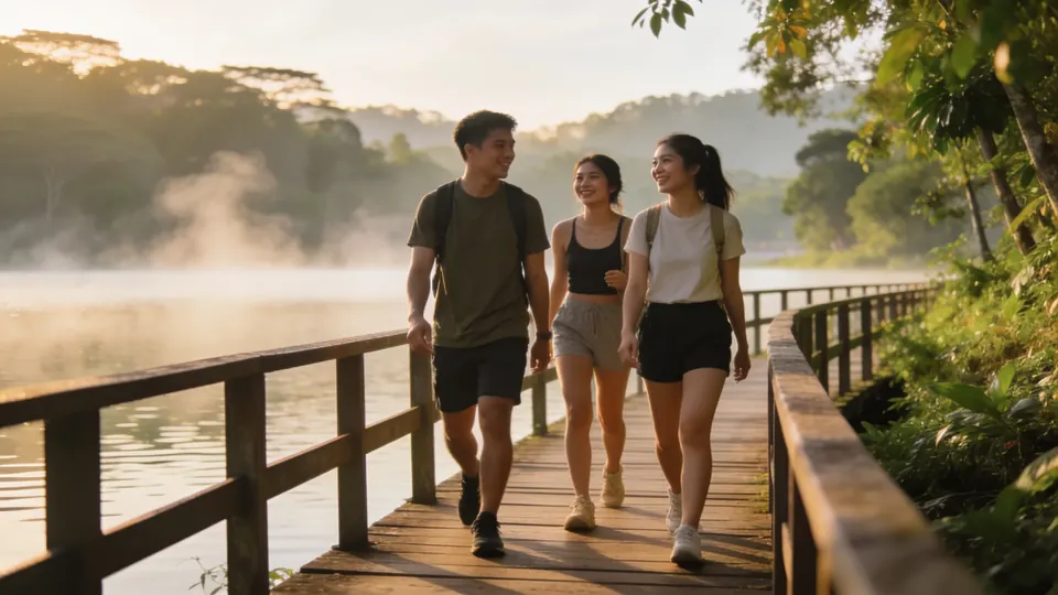 Friends walking on a wooden boardwalk along the edge of a reservoir in a Singapore nature reserve, morning mist on the water
