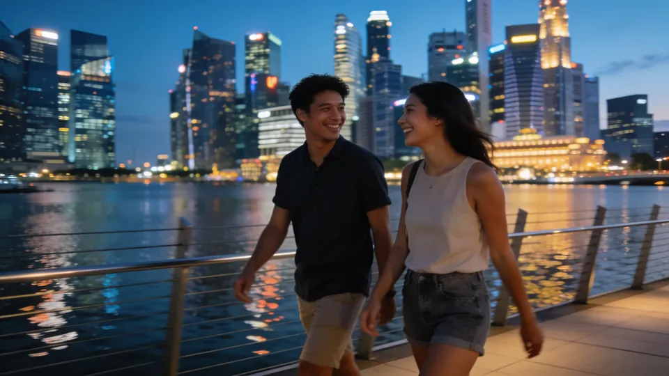 Two friends walking and talking along the Marina Bay waterfront promenade in Singapore at blue hour, city skyline lights reflected in the calm water