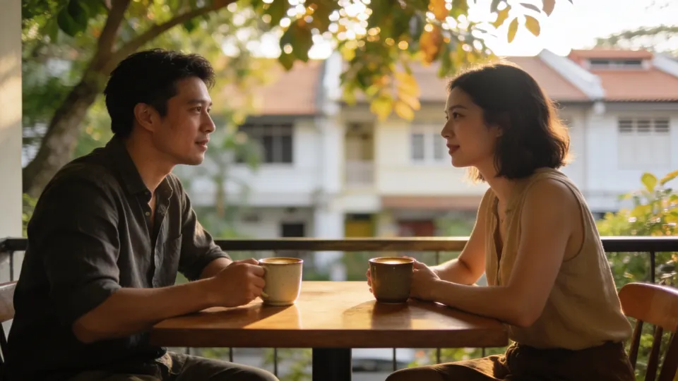Two people in their thirties talking over coffee at a quiet café table in a leafy residential neighbourhood of Singapore, soft morning light