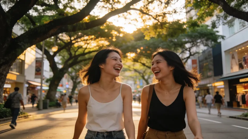 Two women in their twenties laughing as they walk under big rain trees on a wide shopping boulevard in central Singapore, afternoon light