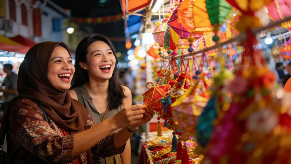A Malay woman and a Chinese woman laughing while browsing a colourful festive bazaar stall in the Geylang Serai area of Singapore at night