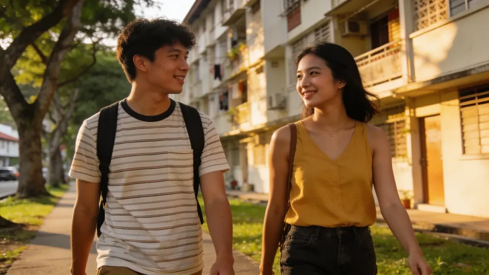 Two friends walking past a heritage 1960s public housing block with a tree-lined footpath in an older Singapore neighbourhood, morning