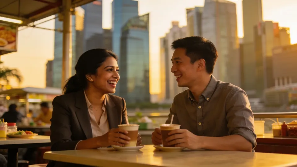 Two young professionals, a Malay woman and a Chinese man, chatting and laughing over kopi at a hawker centre table after work in Singapore's business district, glass towers softly blurred behind, golden evening light