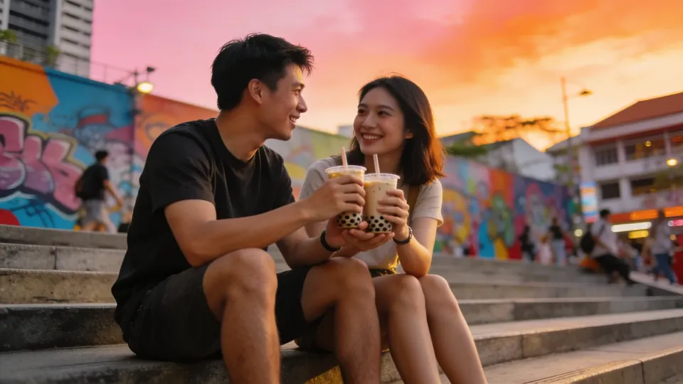 Young adults chatting and sharing bubble tea on outdoor steps in a lively youth plaza in central Singapore, colourful street-art walls blurred behind, late afternoon