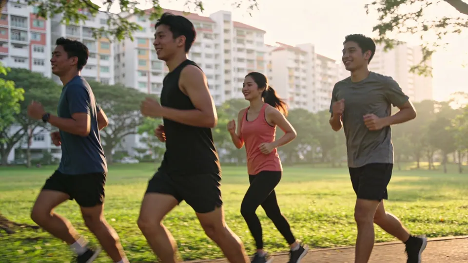 A group of friends jogging together through a large town park with modern housing blocks behind in eastern Singapore, early morning