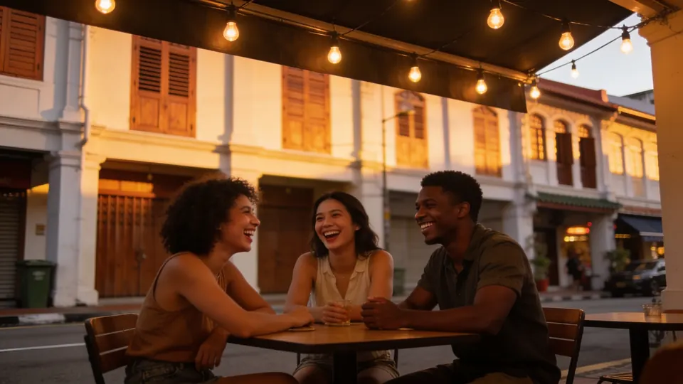 Three friends of mixed ethnicity laughing at an outdoor table outside restored heritage shophouses on a quiet street in Tanjong Pagar, Singapore, warm evening lamps