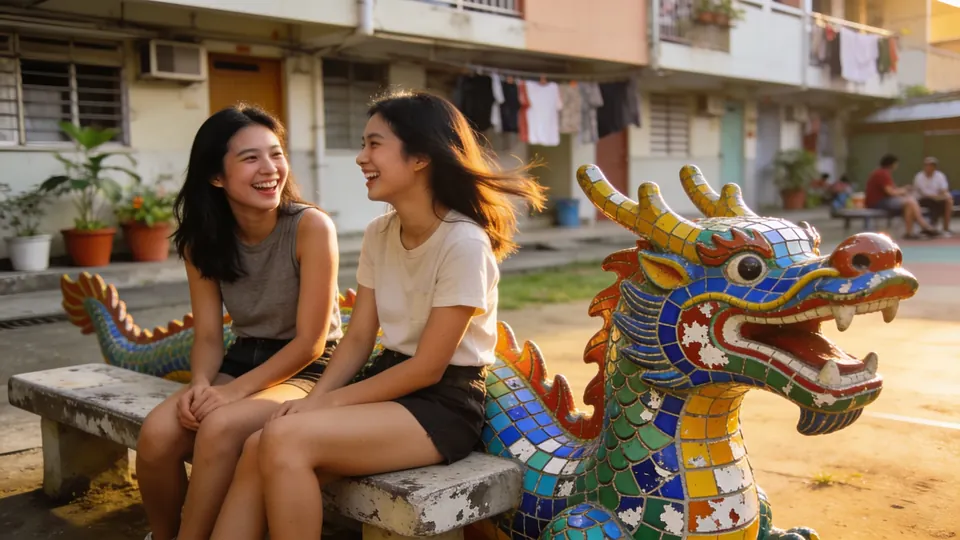 Two friends chatting and laughing on a bench next to a mosaic dragon playground in an older public housing estate in Singapore, evening
