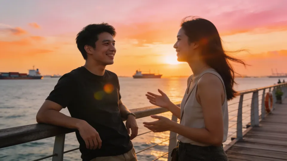 Two friends chatting on a waterfront boardwalk facing the strait in northern Singapore, sunset sky over the water