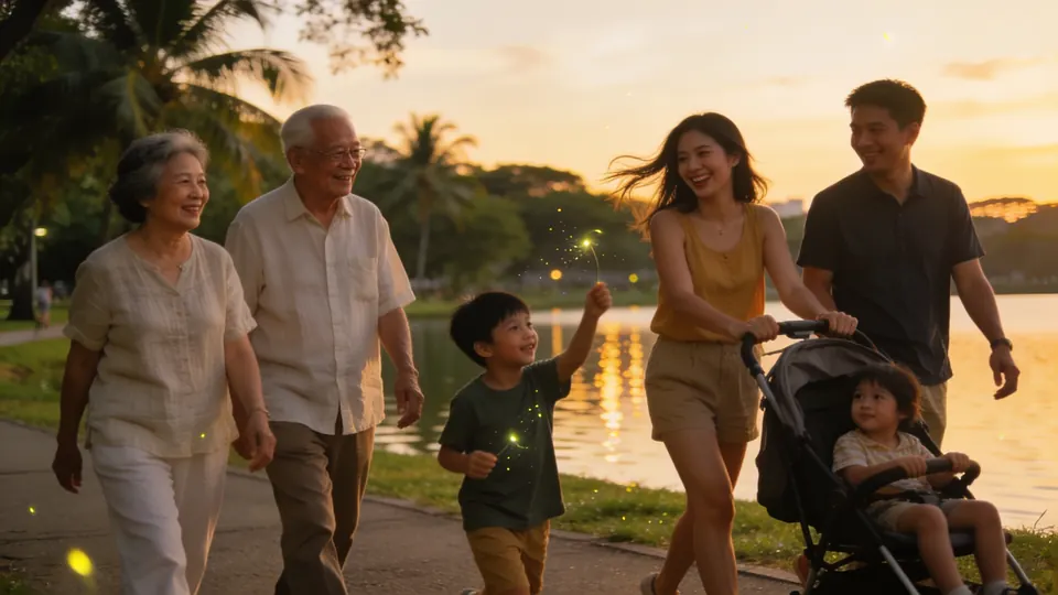 A group of neighbours of mixed ages on an easy evening walk around a reservoir park in Singapore, sunset